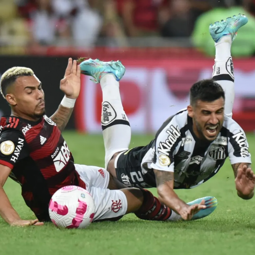 Camacho é derrubado por Matheuzinho em Flamengo x Santos — Foto: Ivan Storti/Santos FC