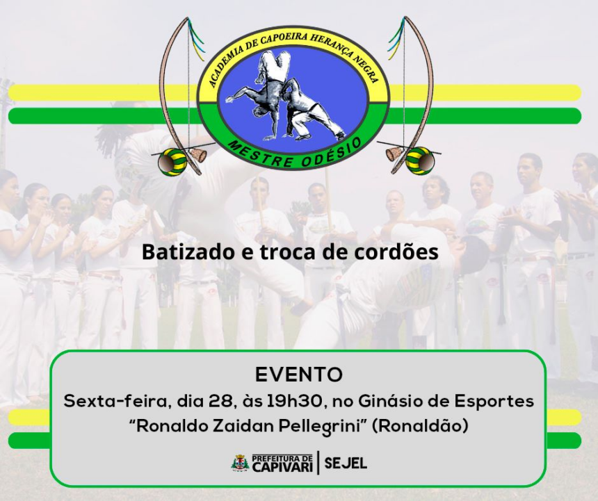 Academia de Capoeira Herança Negra realizará batismo e troca de cordões nesta sexta-feira (28) - Foto: Divulgação/Prefeitura de Capivari