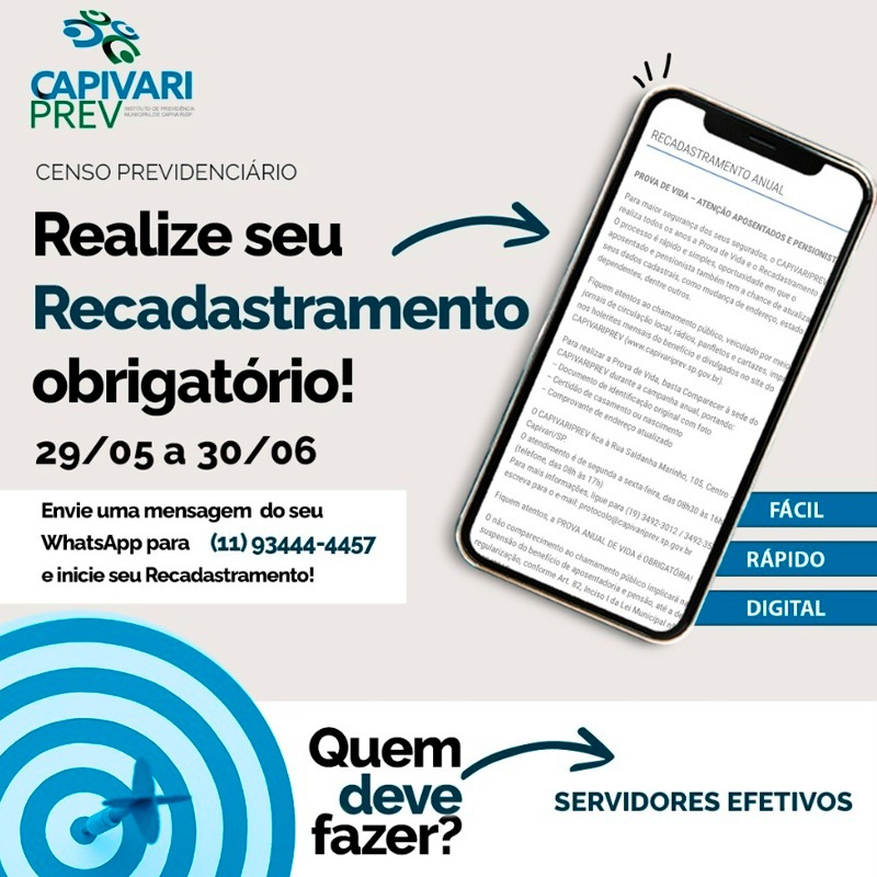 CapivariPrev convoca servidores efetivos para o Censo Previdenciário e Recadastramento Obrigatório em 2023 - Foto: Divulgação/Prefeitura de Capivari