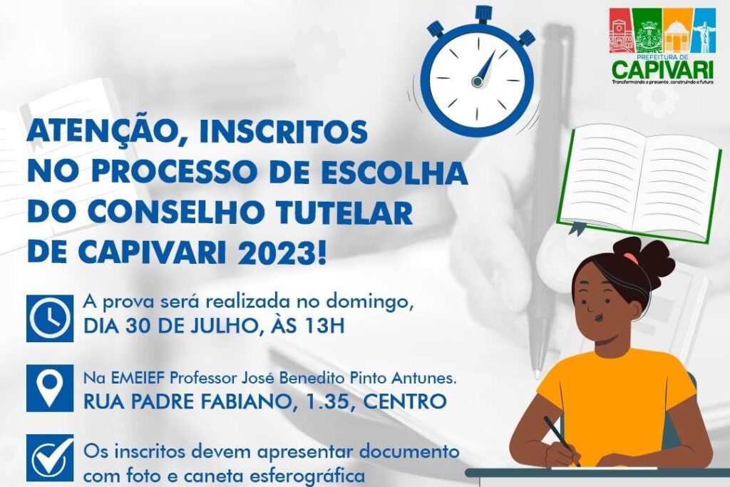 Prova para o Conselho Tutelar de Capivari será realizada no dia 30 de julho - Foto: Divulgação Prefeitura Municipal de Capivari