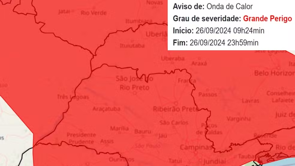 Região tem previsão de 40ºC e Inmet emite alerta vermelho de perigo para onda de calor — Foto: Reprodução/Inmet