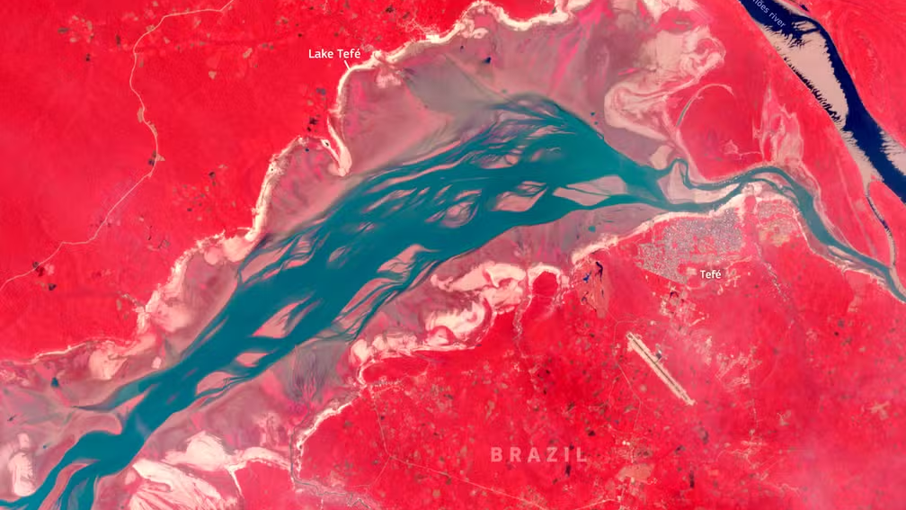 Imagem de satélite mostra impacto da seca em lago no Amazonas  — Foto: União Europeia/Copernicus Sentinel-2