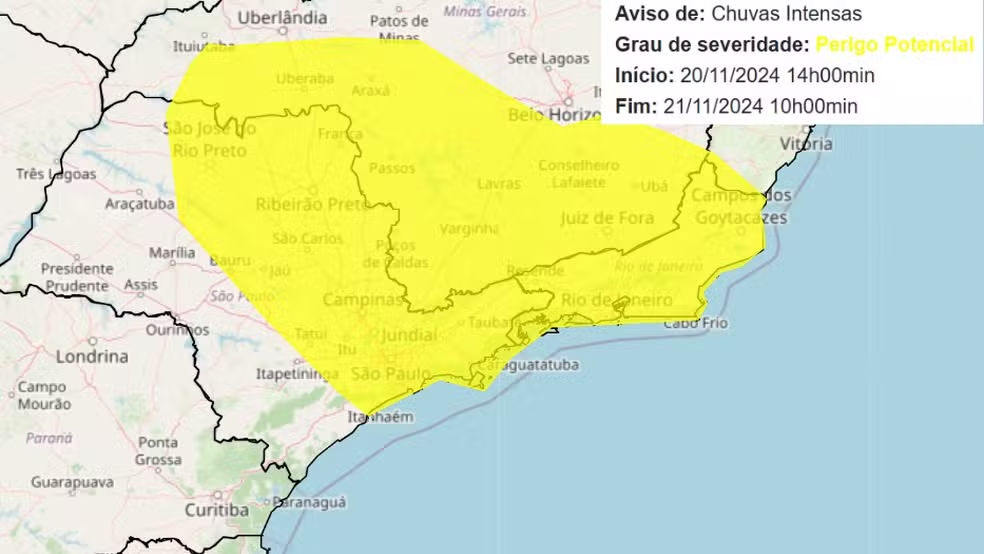 Região de Piracicaba tem alerta amarelo para chuvas intensas e ventos fortes — Foto: Reprodução/Inmet